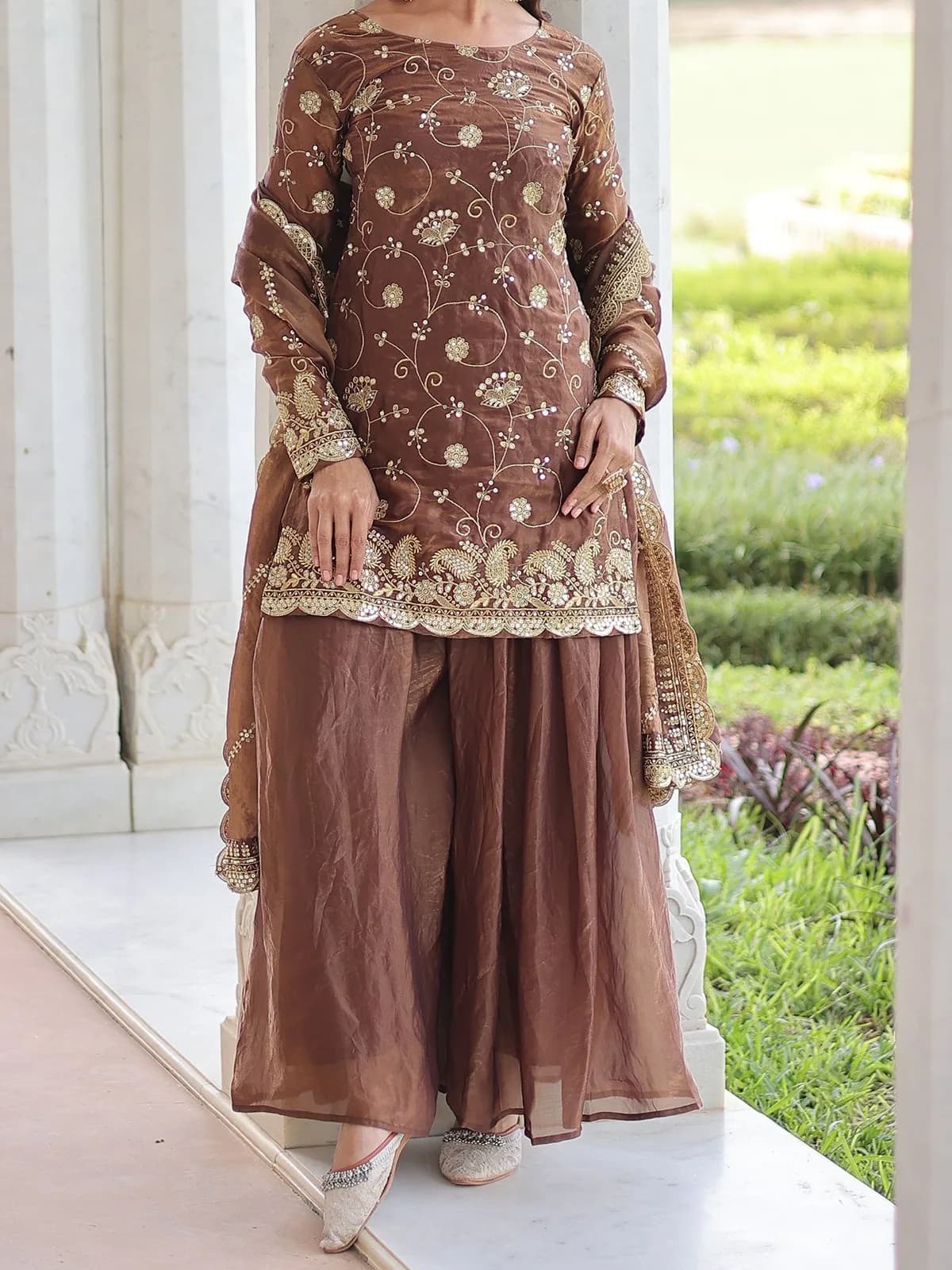 Brown Fendy Silk Rich Sequins Sharara Suit