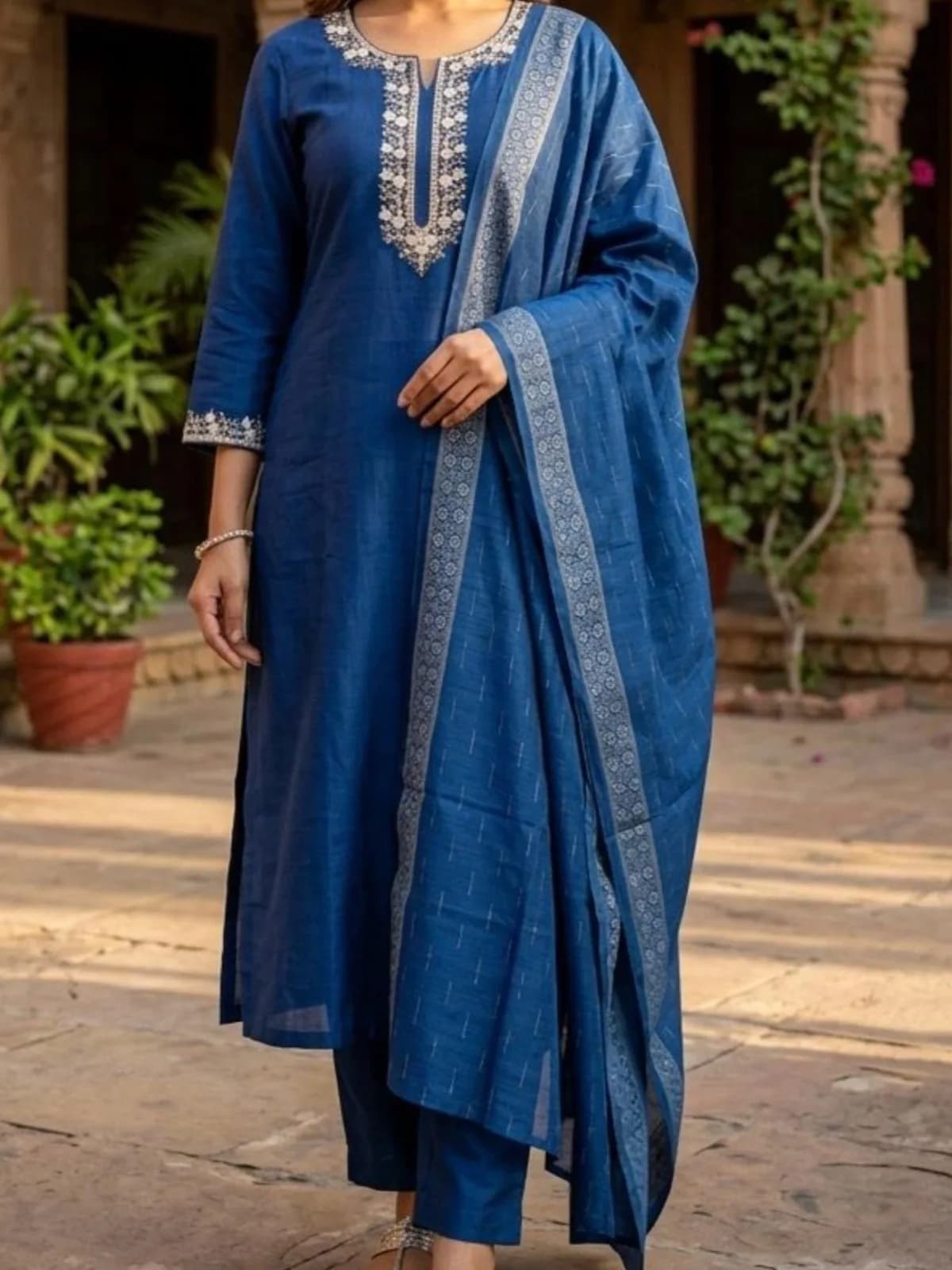 Dark Blue Cotton Blend Embroidered Kurta Sets