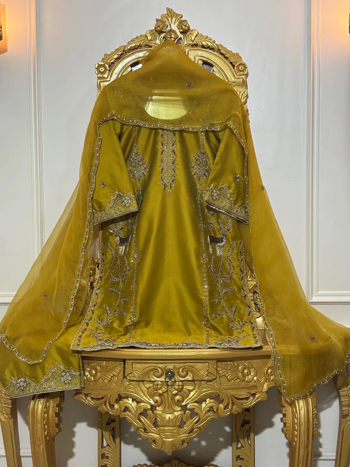 Elegant Mustard Yellow Raw Silk Embroidered Suit