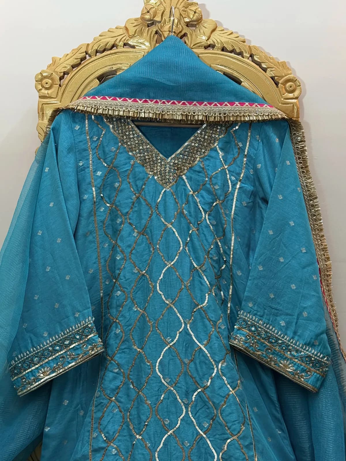 Royal Turquoise Blue Raw Silk Embroidered Suit with Pure Organza Dupatta