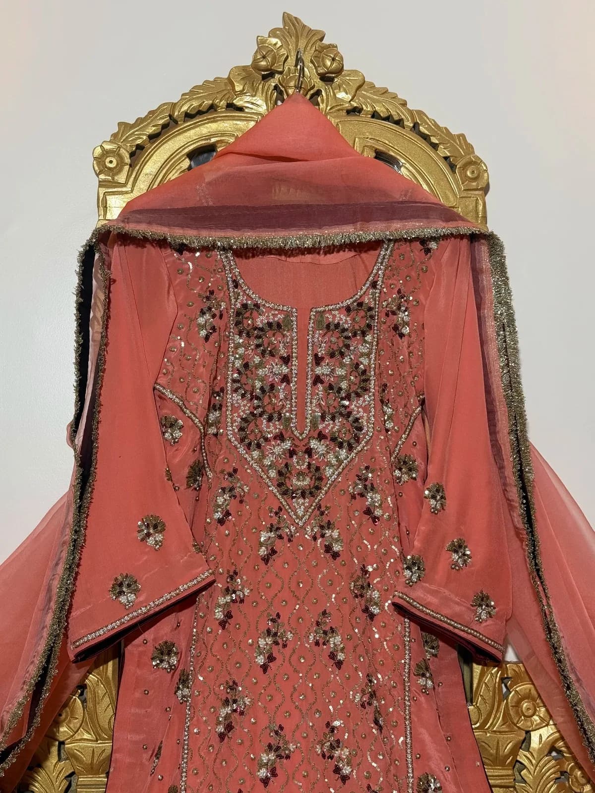 Coral Peach Embroidered Crepe Suit with Pure Organza Dupatta