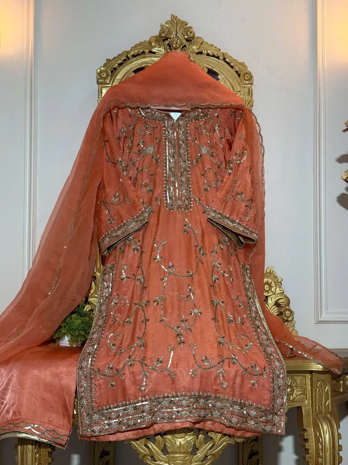 Rust Orange Satin Silk Embroidered Suit with Pure Organza Dupatta