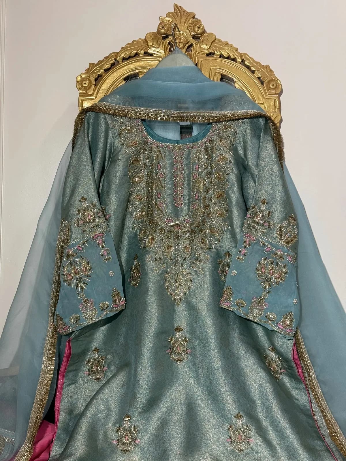 Dusty Blue Embroidered Brocade Suit with Gulab Silk Bottom and Dupatta