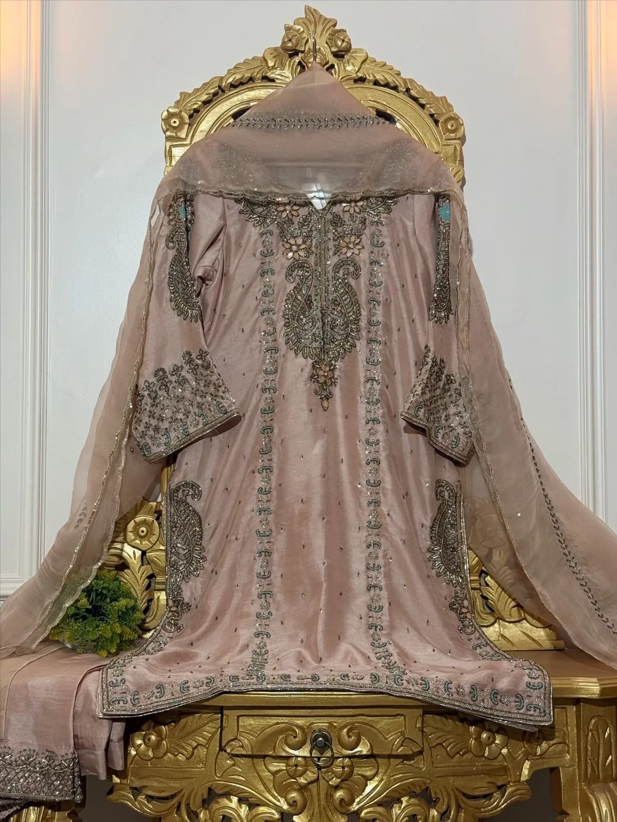 Dusty Rose Pure Dupion Silk Embroidered Suit with Dupatta